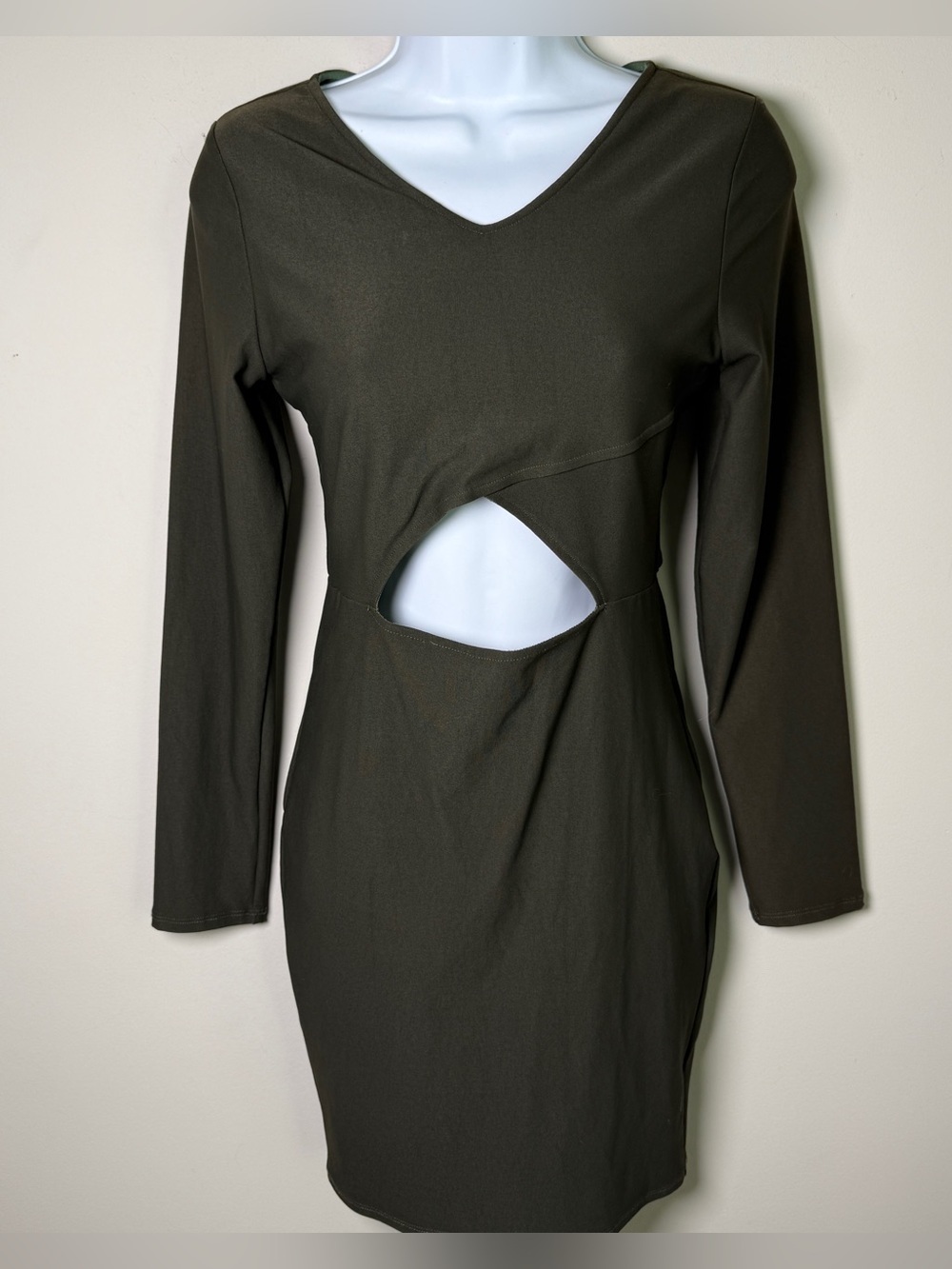 Donna Mizani Cutout Bodycon Mini Dress Olive Green Long Sleeve Dark Academia M